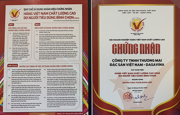 DASAVINA được chứng nhận là Hàng Việt Nam Chất Lượng Cao trong nhiều năm liên tiếp