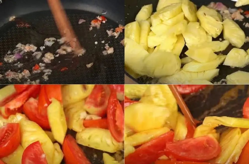 Xào cà chua cùng thơm để tạo vị ngọt chua tự nhiên cho món kho