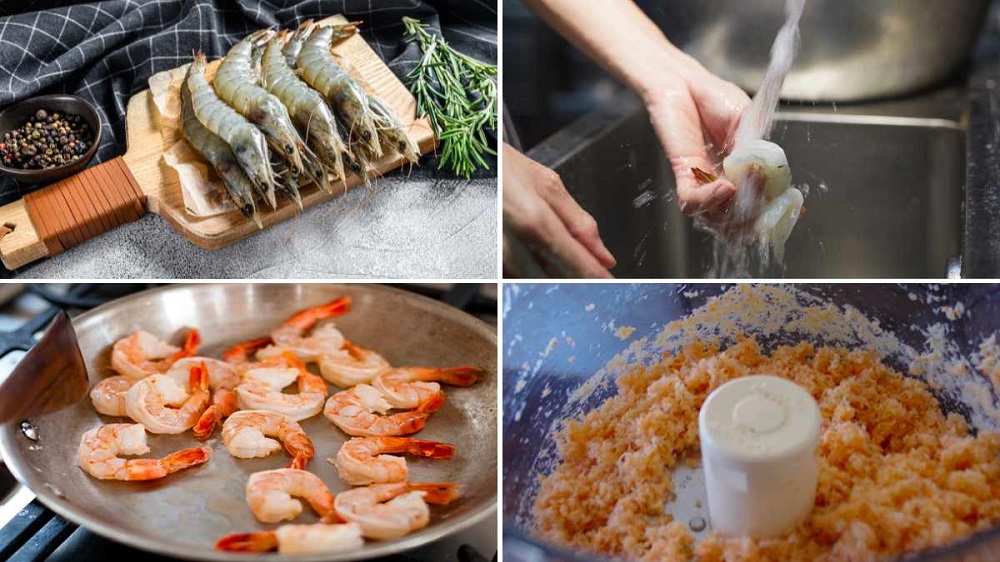 Tôm được làm sạch và sơ chế trước khi làm ruốc tôm rong biển