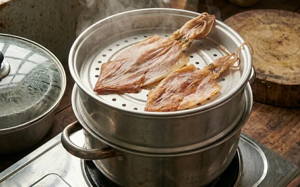 Hấp mực khô với nước dừa