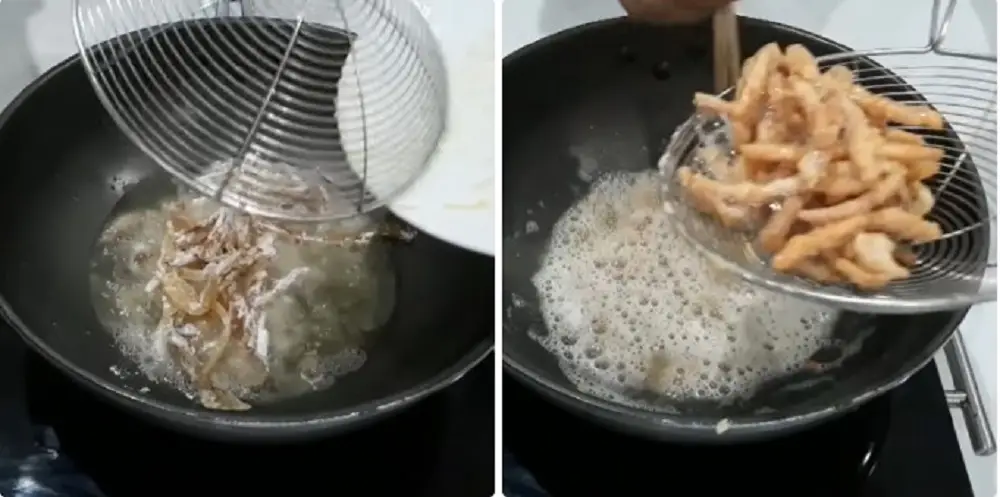 Chiên sơ qua khô mực đã nhúng bột