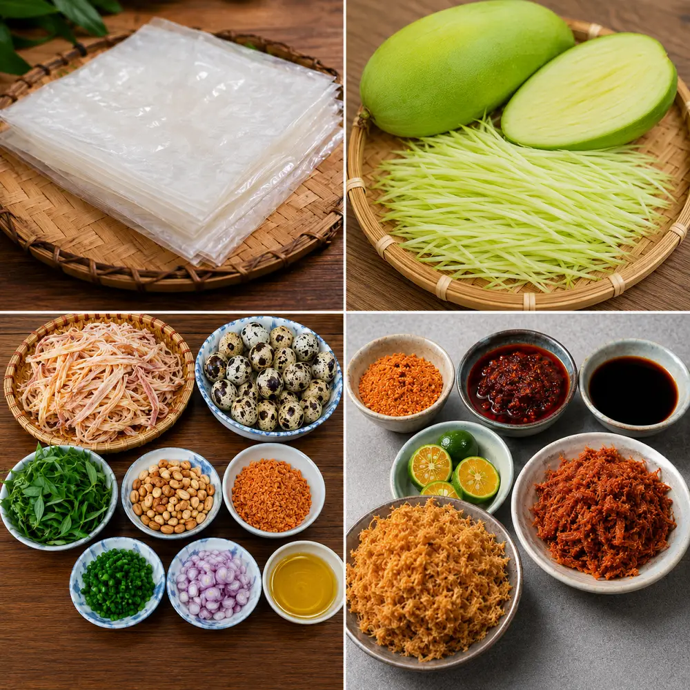 Nguyên liệu làm món bánh tráng trộn khô mực