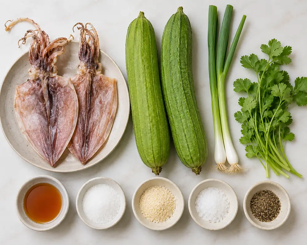 Nguyên liệu làm món canh mướp mực khô