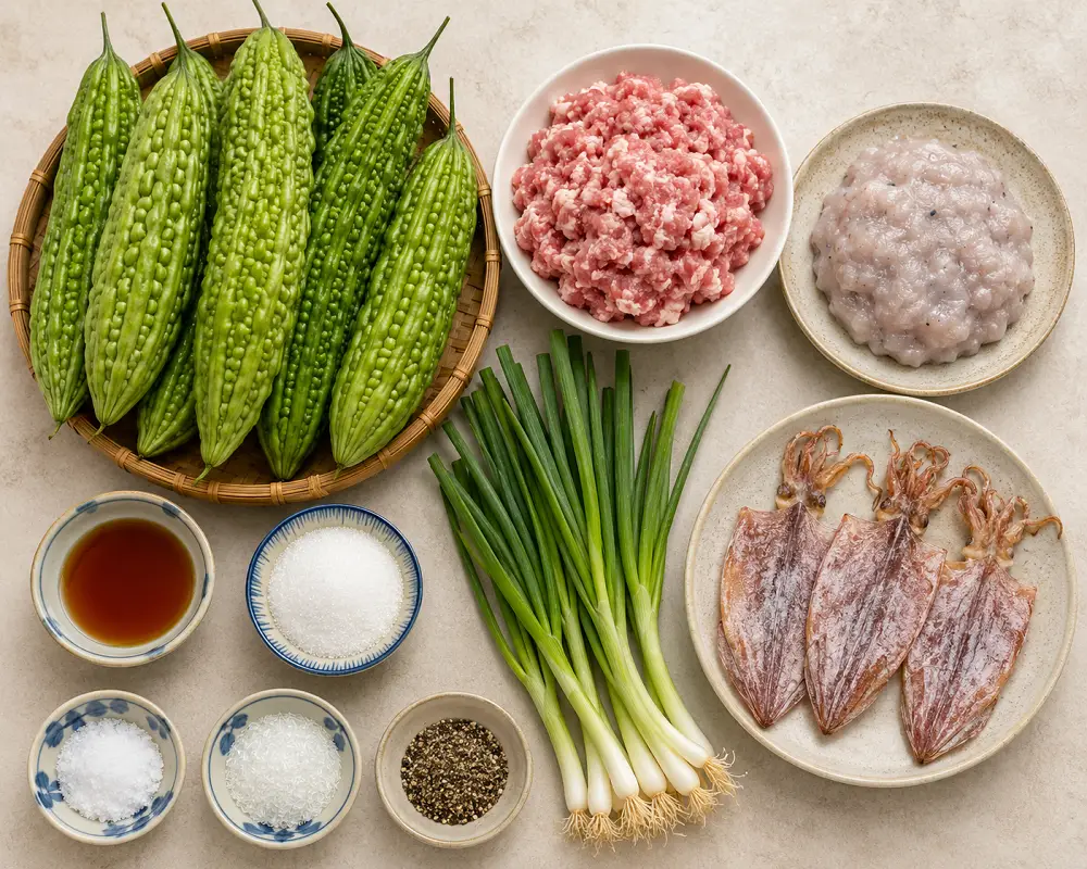 Nguyên liệu nấu canh khổ qua nhồi khô mực