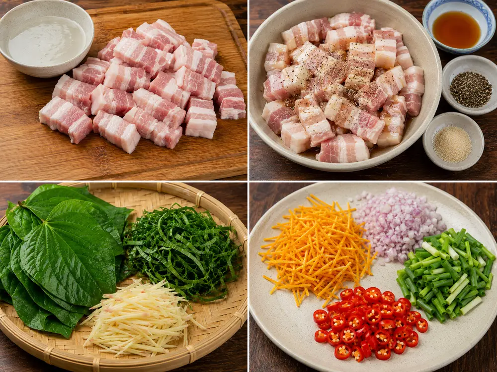 Sơ chế các nguyên liệu khác cho món rươi xào lá lốt
